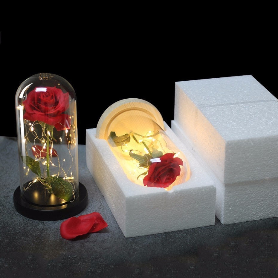Beauty And Beast Rose In Flask Led Rose Flower Light Black Base Glass Dome Best For Mother's Day Valentines Day Gift - Xvogue