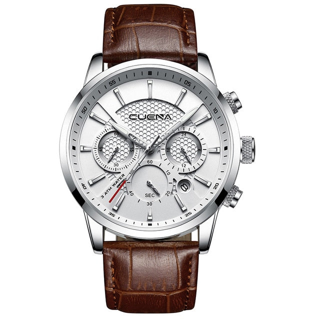 CUENA Men's Watch | Stopwatch Date Luminous Hands Genuine Leather 30M Waterproof Clock | Man Quartz Watch | Men Fashion Watch - Xvogue