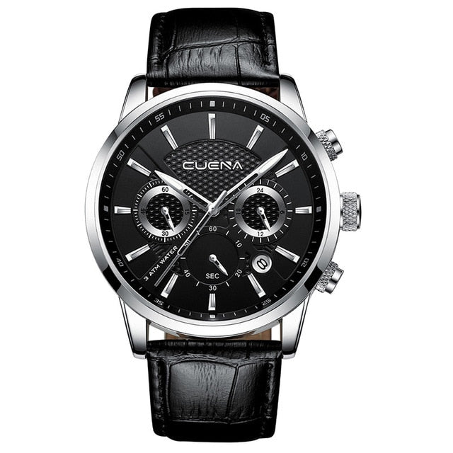 CUENA Men's Watch | Stopwatch Date Luminous Hands Genuine Leather 30M Waterproof Clock | Man Quartz Watch | Men Fashion Watch - Xvogue