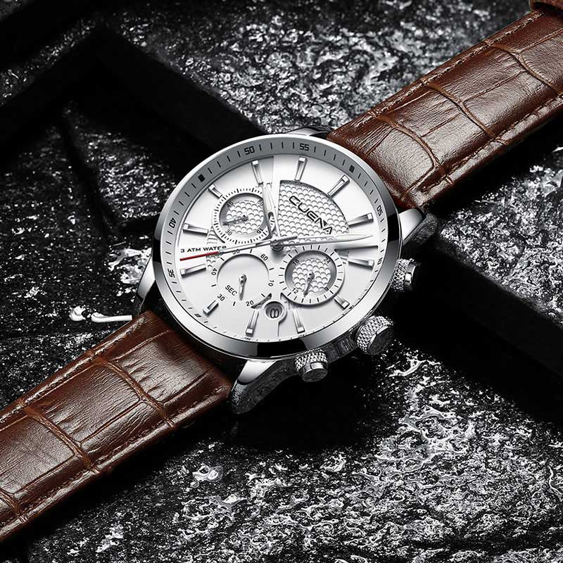 CUENA Men's Watch | Stopwatch Date Luminous Hands Genuine Leather 30M Waterproof Clock | Man Quartz Watch | Men Fashion Watch - Xvogue