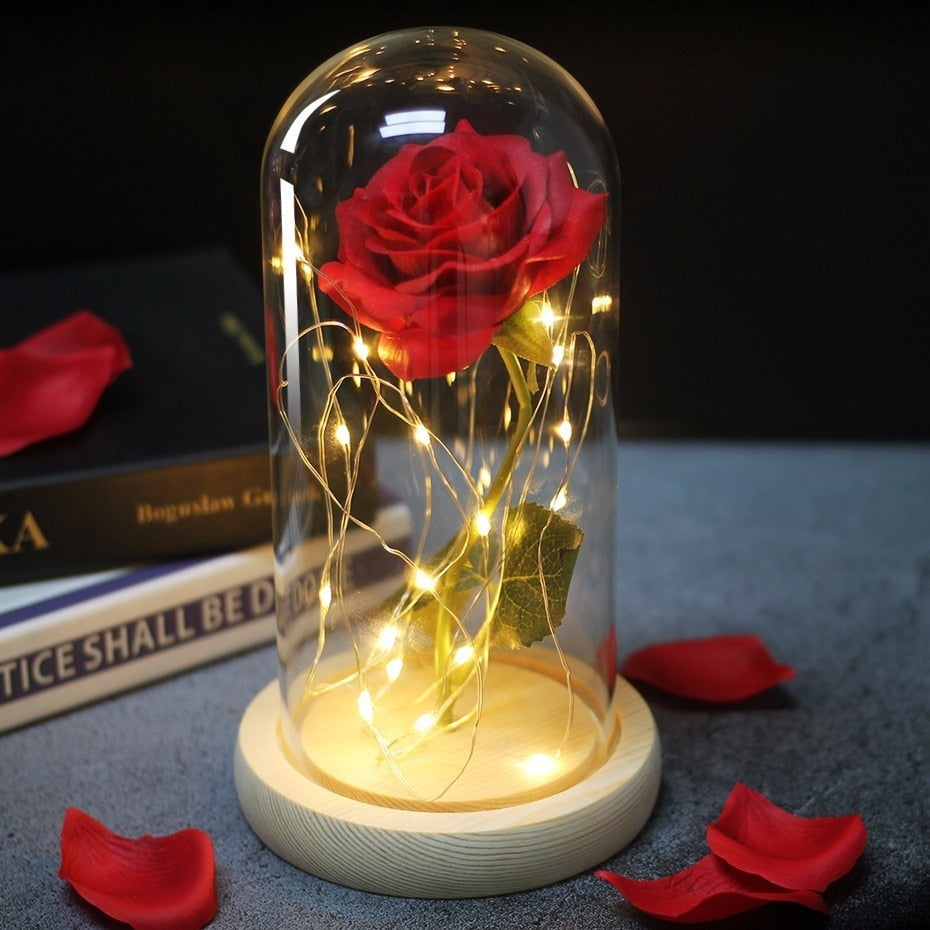 Beauty And Beast Rose In Flask Led Rose Flower Light Black Base Glass Dome Best For Mother's Day Valentines Day Gift - Xvogue