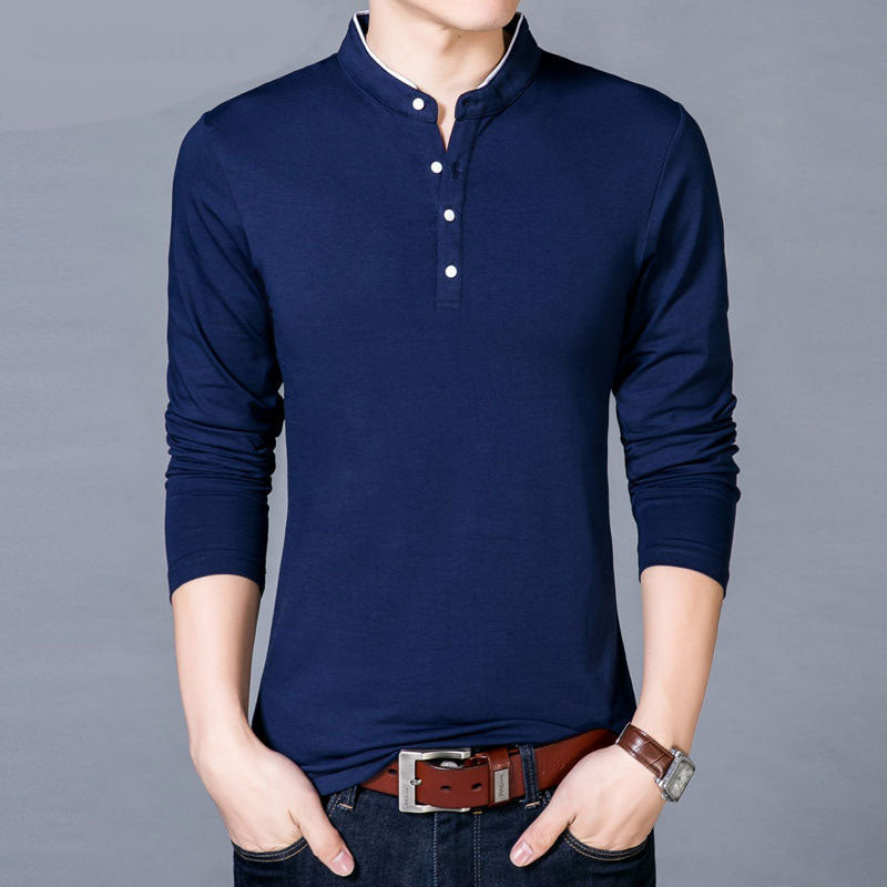Men's Spring Autumn New Cotton T Shirt Solid Color Mandarin Collar Long Sleeve Top - Xvogue
