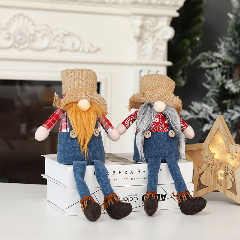 New Christmas long legged hemp Brudorf doll cowboy hat faceless doll window sitting decoration ornaments - Xvogue