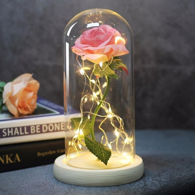 Beauty And Beast Rose In Flask Led Rose Flower Light Black Base Glass Dome Best For Mother's Day Valentines Day Gift - Xvogue