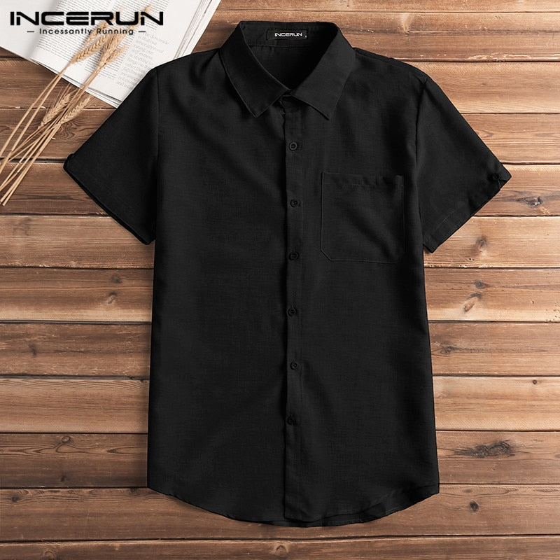 Short Sleeve Shirt Men Lapel Neck Button Pockets Solid Male Blouse Tops Men Brand Clothes - Xvogue