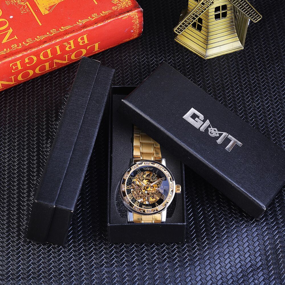 Winner Golden Watch | Classic Rhinestone Clock | Roman Analog Male Skeleton Clocks Mechanical Stainless Steel Band Luminous Watch - Xvogue
