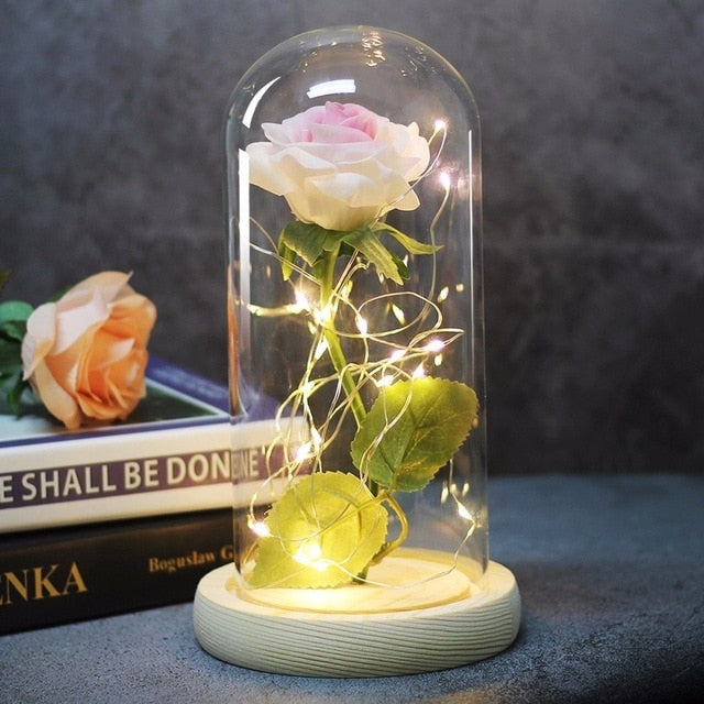 Beauty And Beast Rose In Flask Led Rose Flower Light Black Base Glass Dome Best For Mother's Day Valentines Day Gift - Xvogue