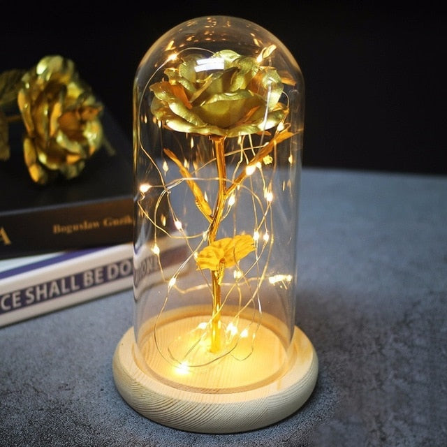 Beauty And Beast Rose In Flask Led Rose Flower Light Black Base Glass Dome Best For Mother's Day Valentines Day Gift - Xvogue