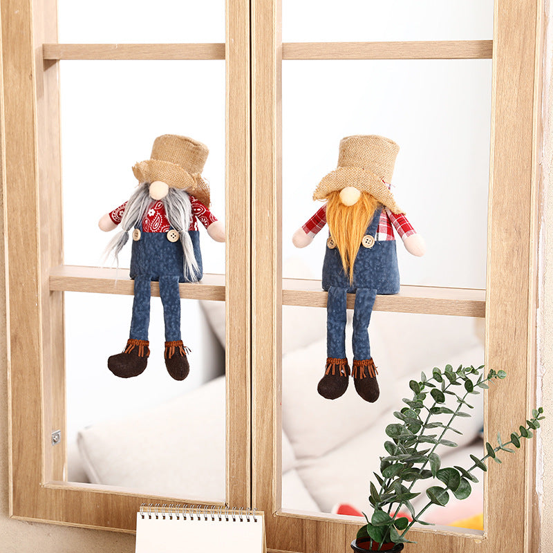 New Christmas long legged hemp Brudorf doll cowboy hat faceless doll window sitting decoration ornaments - Xvogue