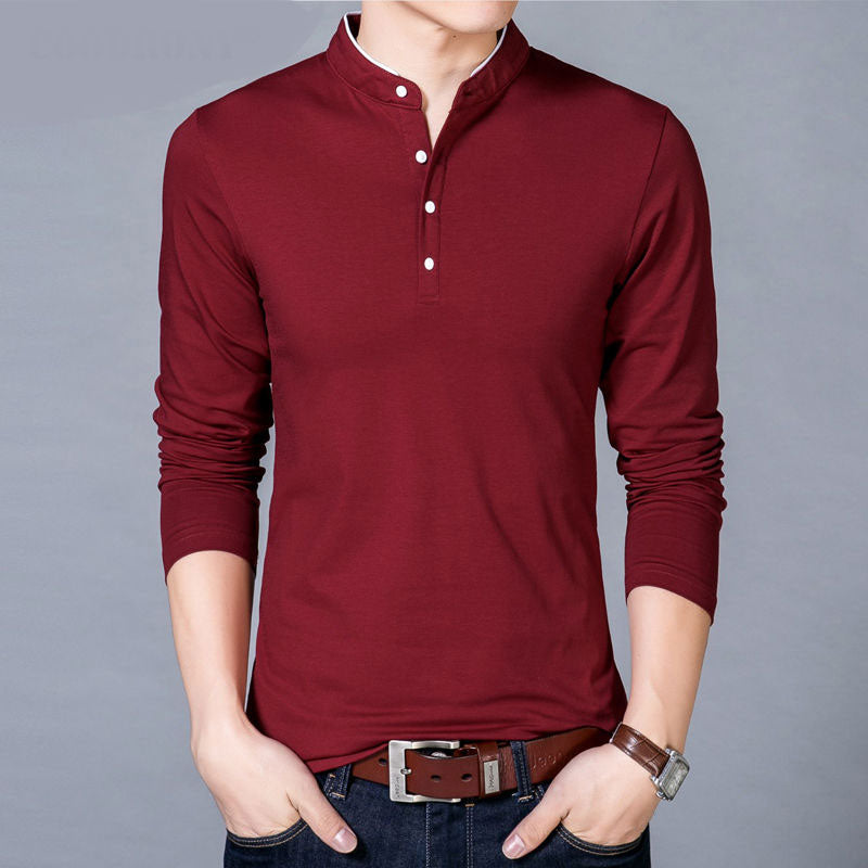 Men's Spring Autumn New Cotton T Shirt Solid Color Mandarin Collar Long Sleeve Top - Xvogue