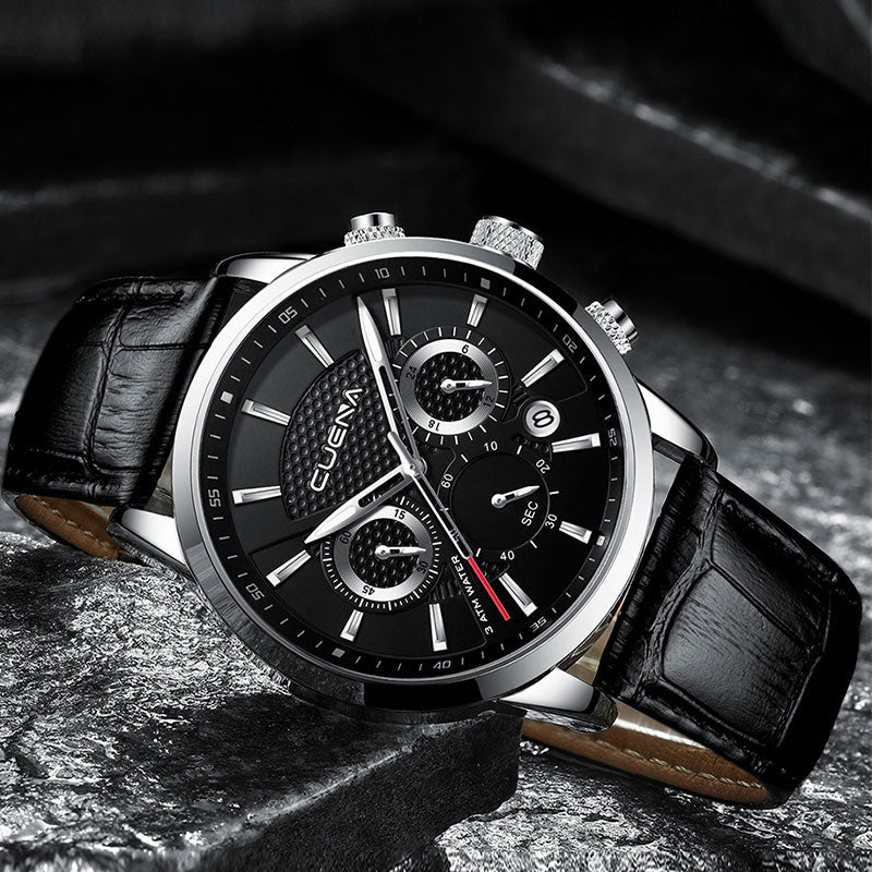 CUENA Men's Watch | Stopwatch Date Luminous Hands Genuine Leather 30M Waterproof Clock | Man Quartz Watch | Men Fashion Watch - Xvogue