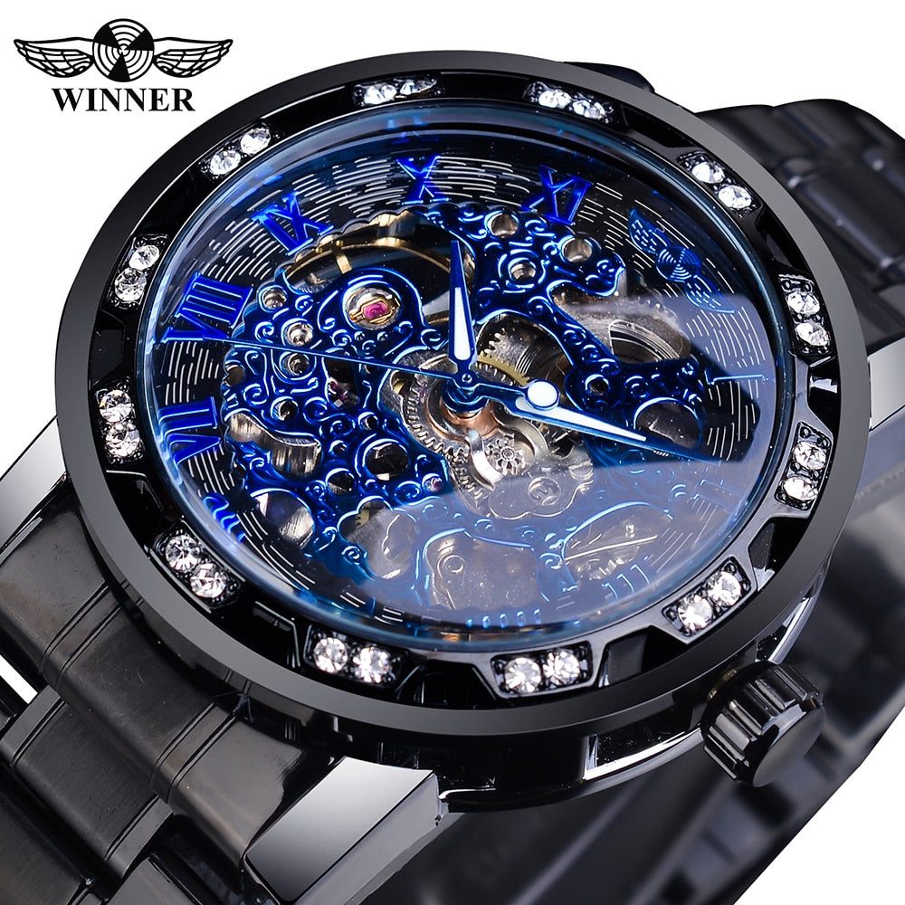 Winner Golden Watch | Classic Rhinestone Clock | Roman Analog Male Skeleton Clocks Mechanical Stainless Steel Band Luminous Watch - Xvogue