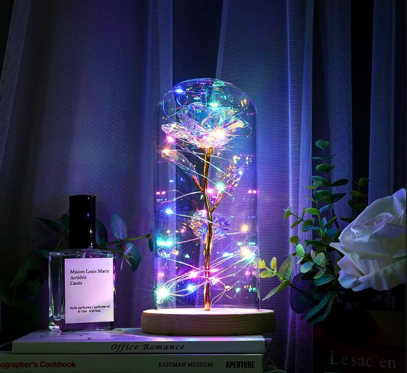 LED Enchanted Galaxy Rose Eternal 24K Gold Foil Flower With Fairy String Lights In Dome - Xvogue