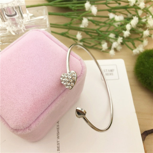 Adjustable Crystal Double Heart Bow Bilezik Cuff | Opening Bracelet For Women Gift - Xvogue