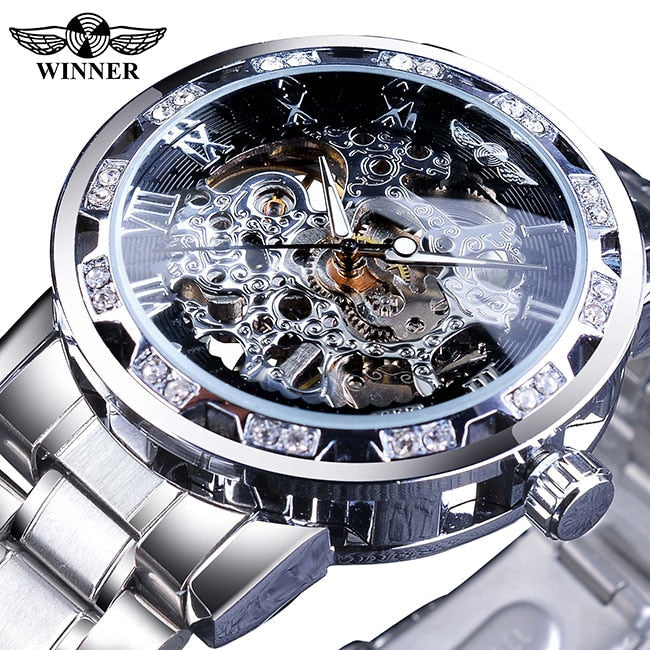 Winner Golden Watch | Classic Rhinestone Clock | Roman Analog Male Skeleton Clocks Mechanical Stainless Steel Band Luminous Watch - Xvogue