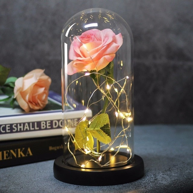 Beauty And Beast Rose In Flask Led Rose Flower Light Black Base Glass Dome Best For Mother's Day Valentines Day Gift - Xvogue