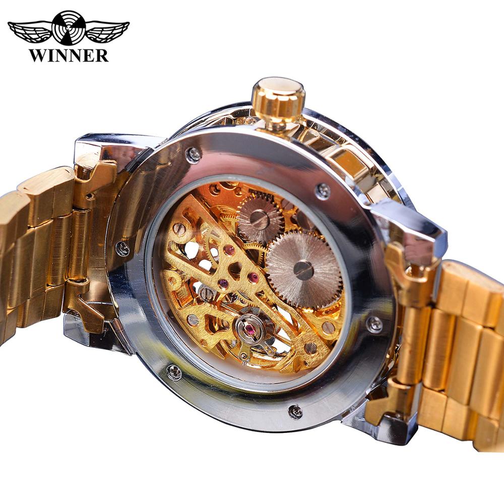 Winner Golden Watch | Classic Rhinestone Clock | Roman Analog Male Skeleton Clocks Mechanical Stainless Steel Band Luminous Watch - Xvogue
