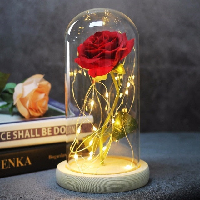 Beauty And Beast Rose In Flask Led Rose Flower Light Black Base Glass Dome Best For Mother's Day Valentines Day Gift - Xvogue