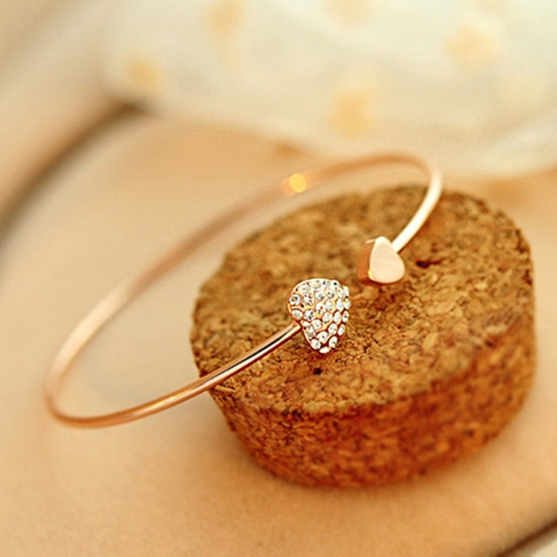Adjustable Crystal Double Heart Bow Bilezik Cuff | Opening Bracelet For Women Gift - Xvogue