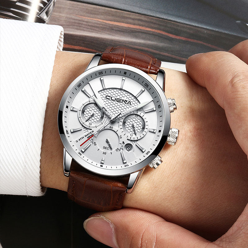 CUENA Men's Watch | Stopwatch Date Luminous Hands Genuine Leather 30M Waterproof Clock | Man Quartz Watch | Men Fashion Watch - Xvogue