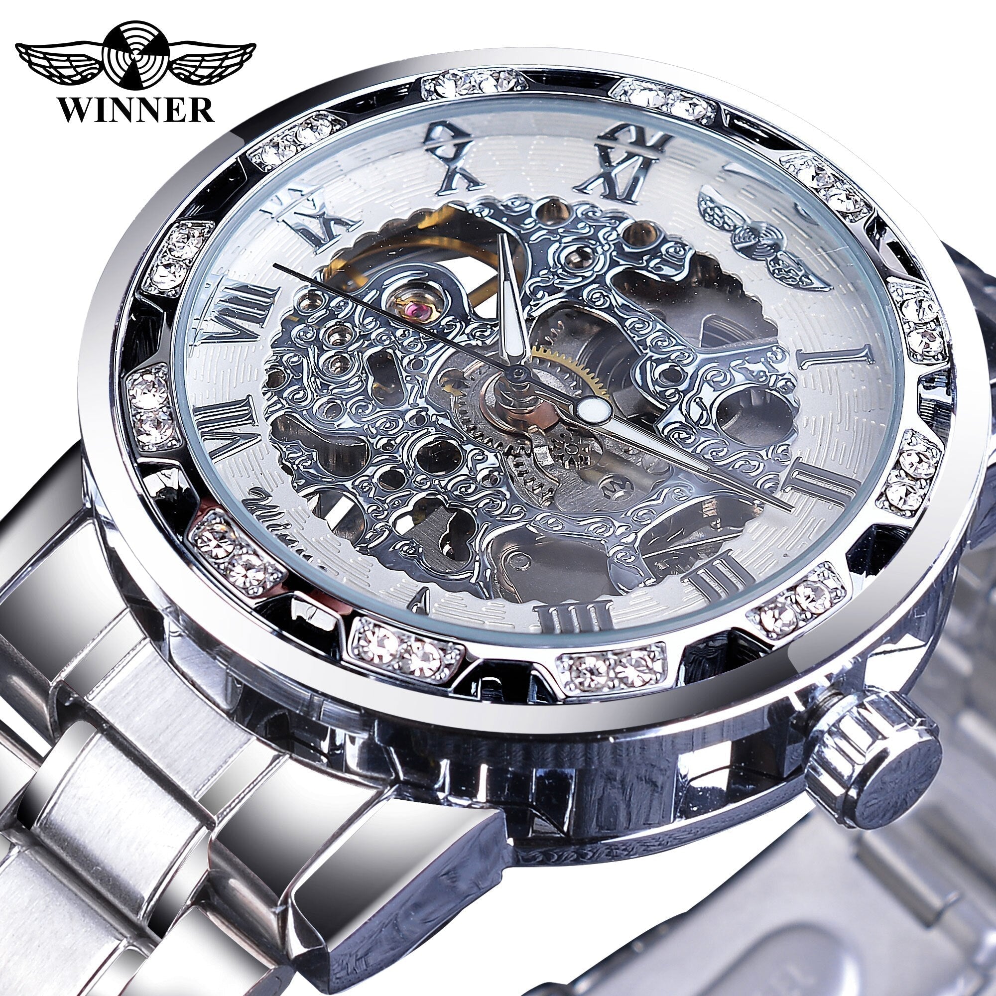 Winner Golden Watch | Classic Rhinestone Clock | Roman Analog Male Skeleton Clocks Mechanical Stainless Steel Band Luminous Watch - Xvogue