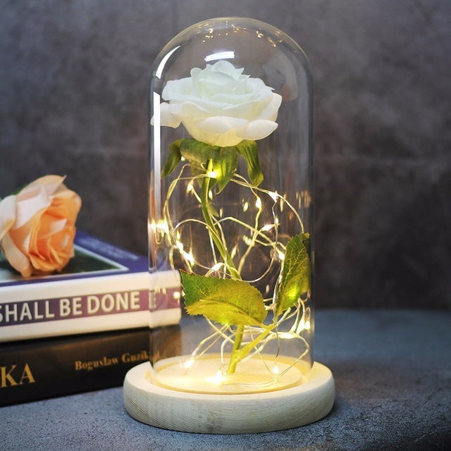 Beauty And Beast Rose In Flask Led Rose Flower Light Black Base Glass Dome Best For Mother's Day Valentines Day Gift - Xvogue