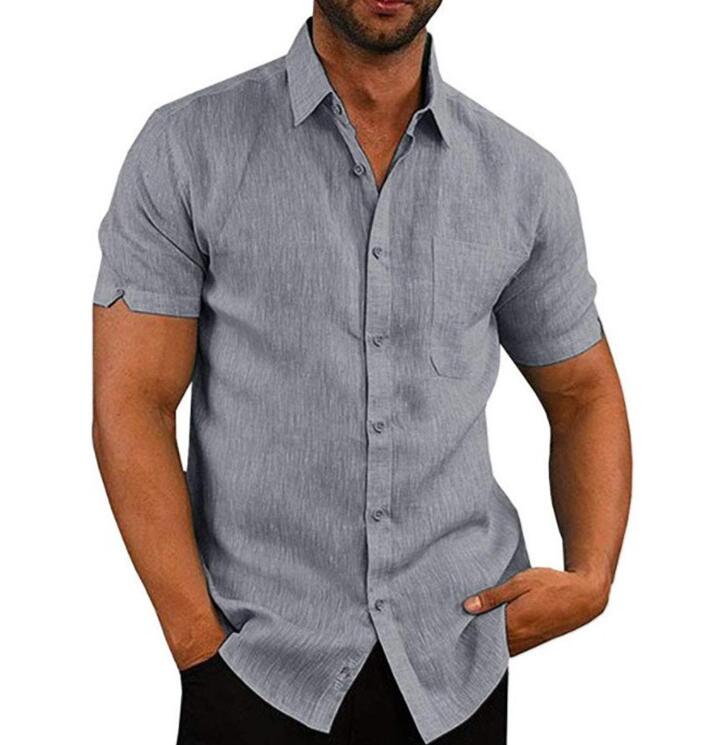 Short Sleeve Shirt Men Lapel Neck Button Pockets Solid Male Blouse Tops Men Brand Clothes - Xvogue