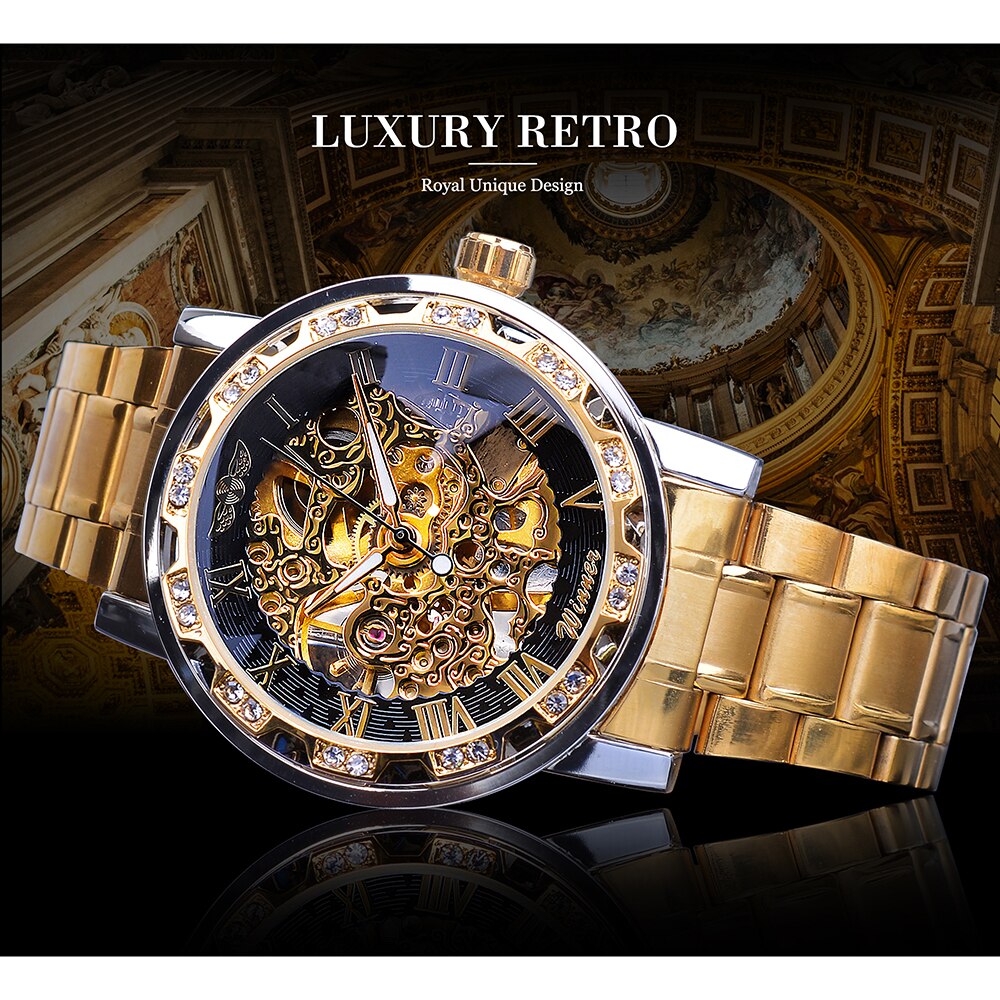 Winner Golden Watch | Classic Rhinestone Clock | Roman Analog Male Skeleton Clocks Mechanical Stainless Steel Band Luminous Watch - Xvogue