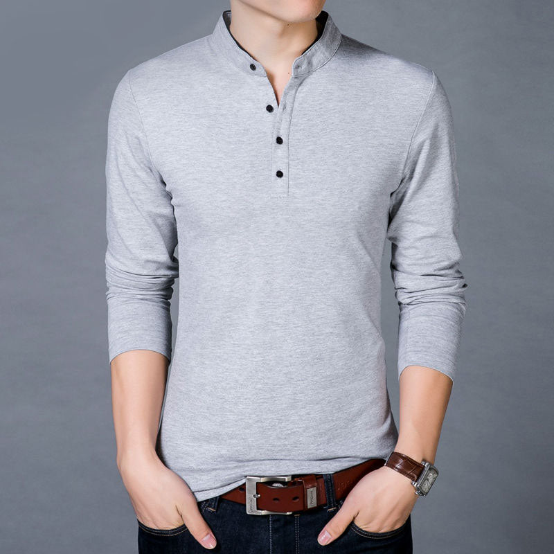 Men's Spring Autumn New Cotton T Shirt Solid Color Mandarin Collar Long Sleeve Top - Xvogue