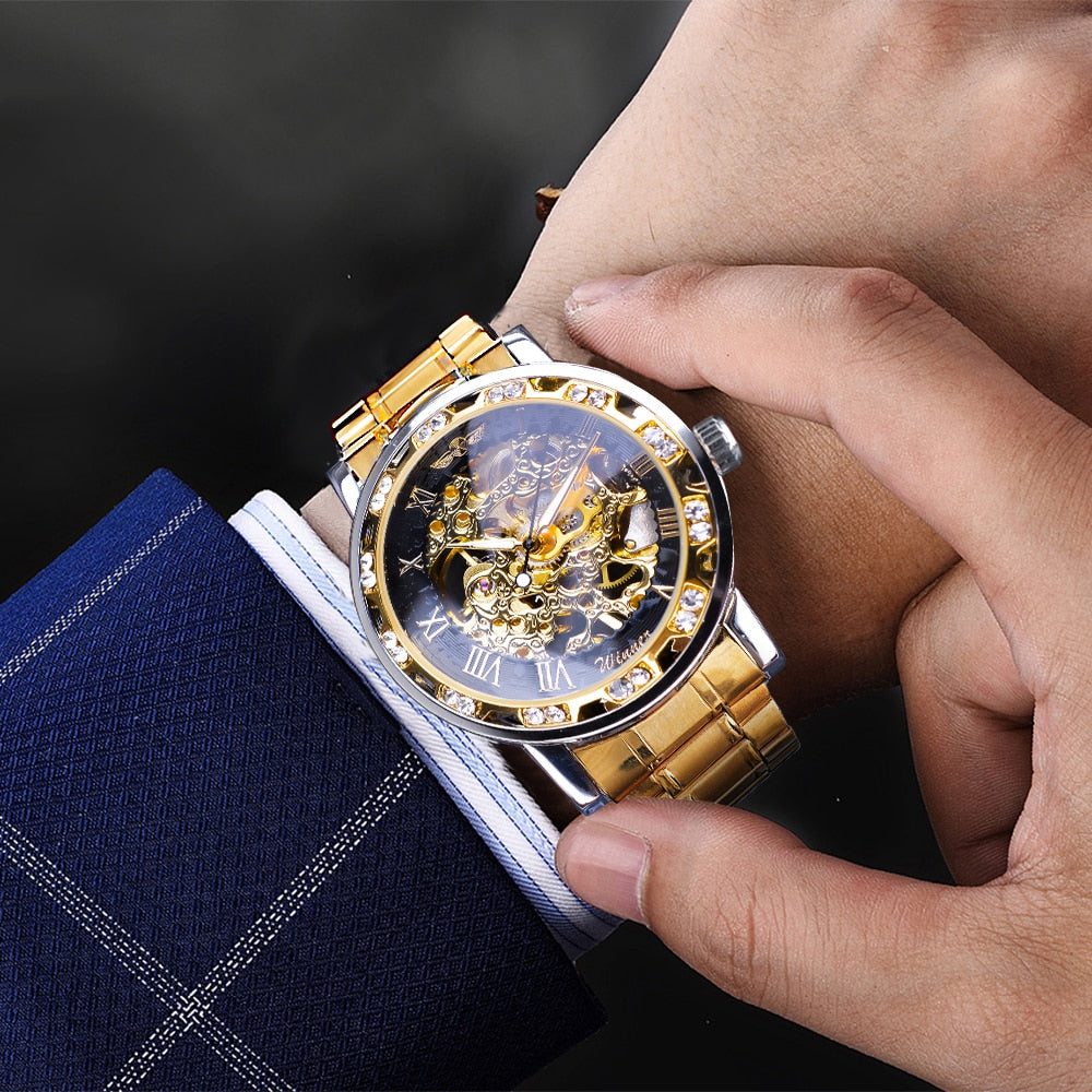 Winner Golden Watch | Classic Rhinestone Clock | Roman Analog Male Skeleton Clocks Mechanical Stainless Steel Band Luminous Watch - Xvogue