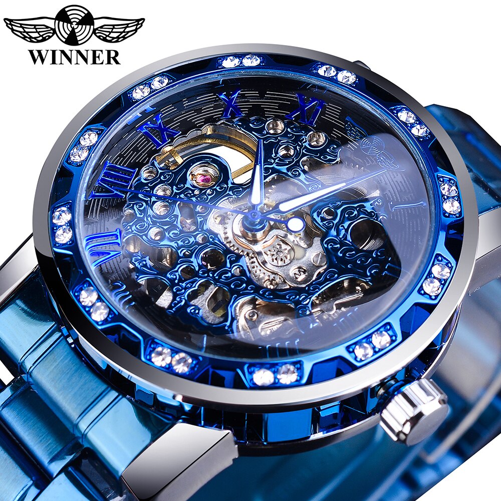 Winner Golden Watch | Classic Rhinestone Clock | Roman Analog Male Skeleton Clocks Mechanical Stainless Steel Band Luminous Watch - Xvogue