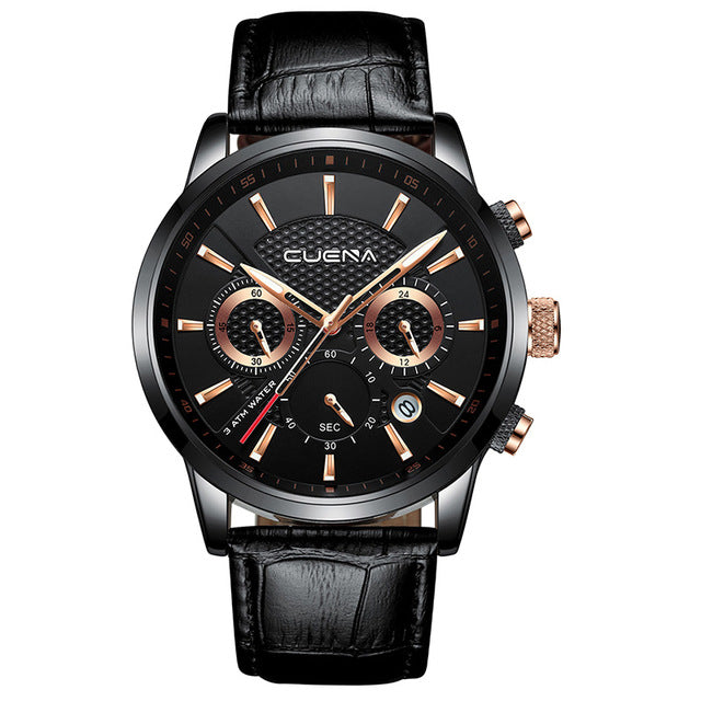CUENA Men's Watch | Stopwatch Date Luminous Hands Genuine Leather 30M Waterproof Clock | Man Quartz Watch | Men Fashion Watch - Xvogue