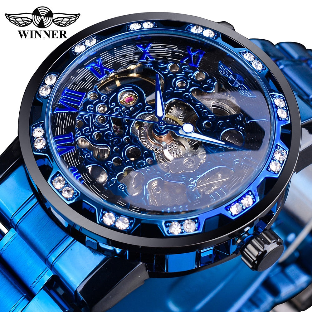 Winner Golden Watch | Classic Rhinestone Clock | Roman Analog Male Skeleton Clocks Mechanical Stainless Steel Band Luminous Watch - Xvogue