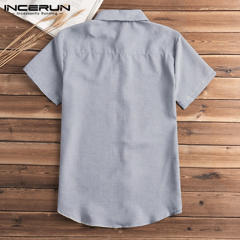 Short Sleeve Shirt Men Lapel Neck Button Pockets Solid Male Blouse Tops Men Brand Clothes - Xvogue