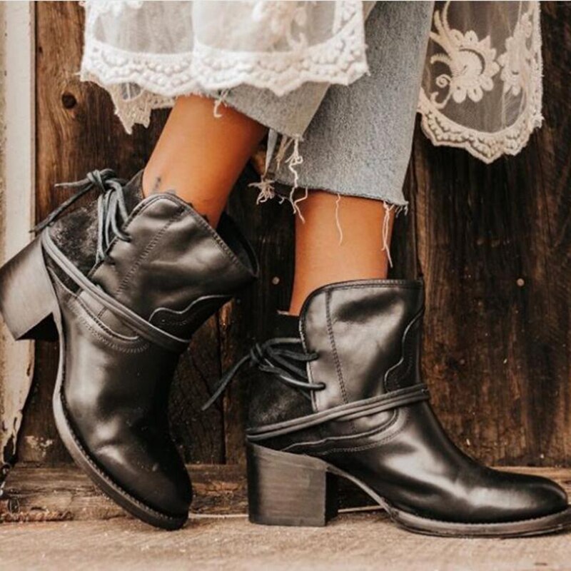 Ankle Boots Plus Size Women Retro High Heels | Block Heel Shoes For Female Flock Buckle Strap | Short boots woman shoes - Xvogue