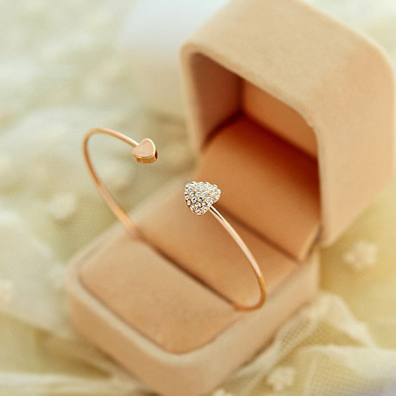 Adjustable Crystal Double Heart Bow Bilezik Cuff | Opening Bracelet For Women Gift - Xvogue