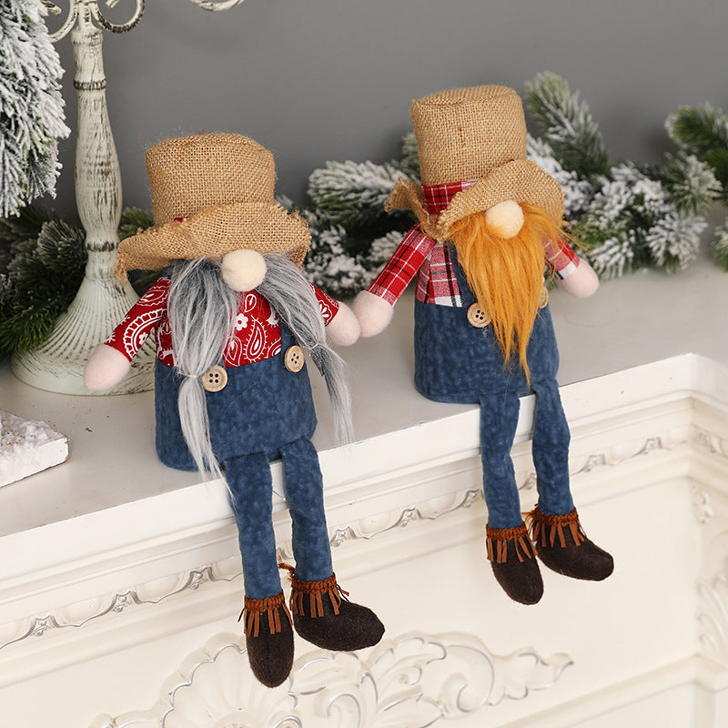 New Christmas long legged hemp Brudorf doll cowboy hat faceless doll window sitting decoration ornaments - Xvogue