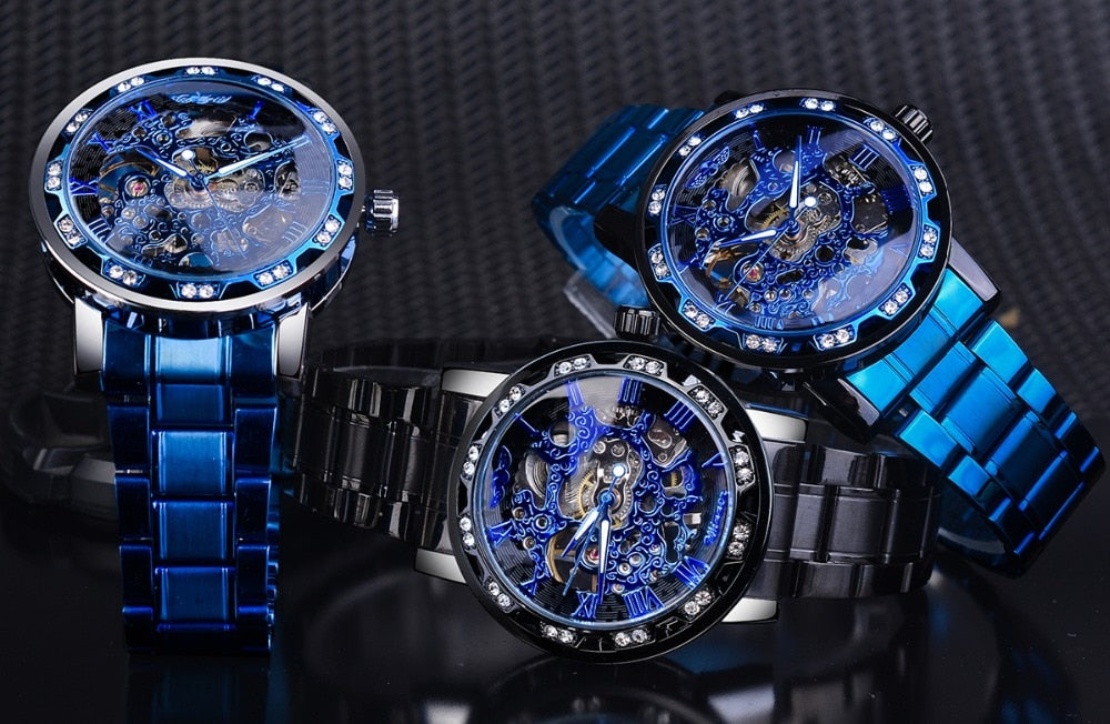 Winner Golden Watch | Classic Rhinestone Clock | Roman Analog Male Skeleton Clocks Mechanical Stainless Steel Band Luminous Watch - Xvogue