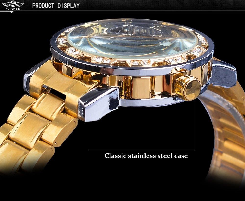 Winner Golden Watch | Classic Rhinestone Clock | Roman Analog Male Skeleton Clocks Mechanical Stainless Steel Band Luminous Watch - Xvogue