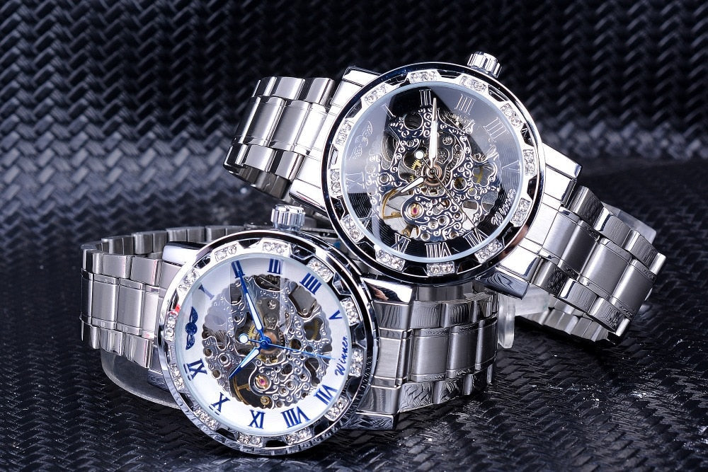 Winner Golden Watch | Classic Rhinestone Clock | Roman Analog Male Skeleton Clocks Mechanical Stainless Steel Band Luminous Watch - Xvogue