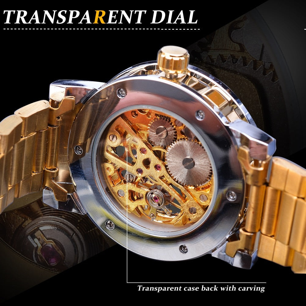Winner Golden Watch | Classic Rhinestone Clock | Roman Analog Male Skeleton Clocks Mechanical Stainless Steel Band Luminous Watch - Xvogue