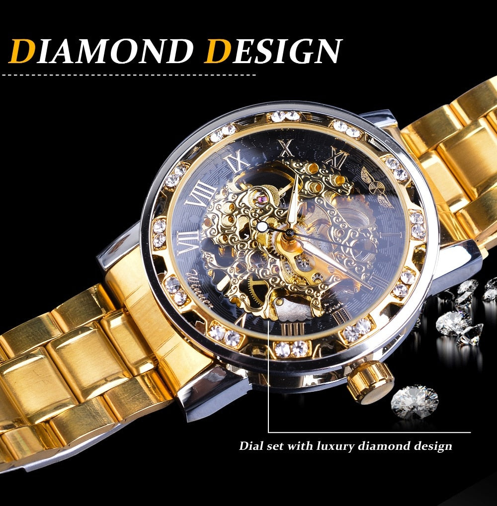 Winner Golden Watch | Classic Rhinestone Clock | Roman Analog Male Skeleton Clocks Mechanical Stainless Steel Band Luminous Watch - Xvogue