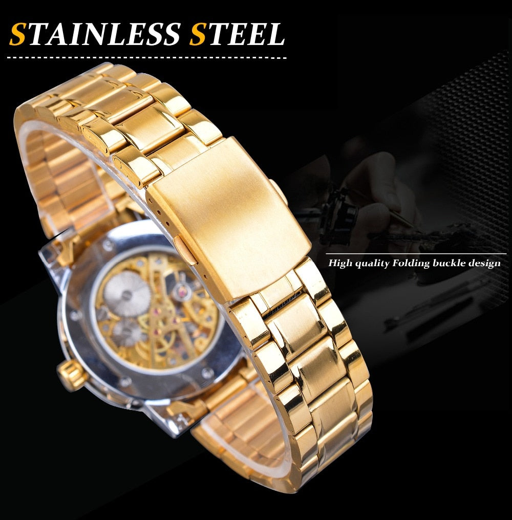 Winner Golden Watch | Classic Rhinestone Clock | Roman Analog Male Skeleton Clocks Mechanical Stainless Steel Band Luminous Watch - Xvogue