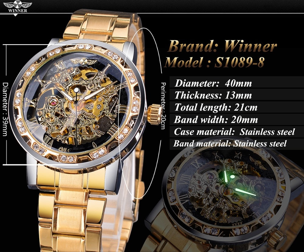 Winner Golden Watch | Classic Rhinestone Clock | Roman Analog Male Skeleton Clocks Mechanical Stainless Steel Band Luminous Watch - Xvogue